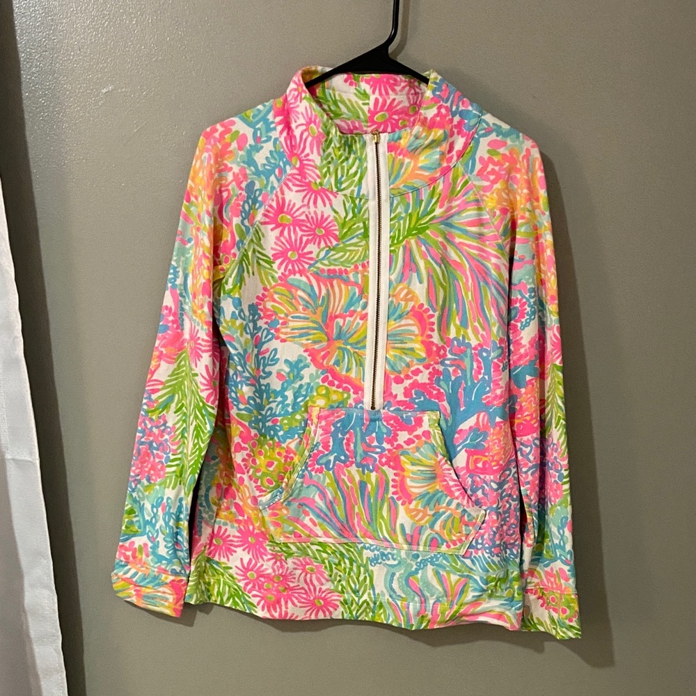 Lilly Pulitzer pop over long sleeve half zip so bright and colorful coral print